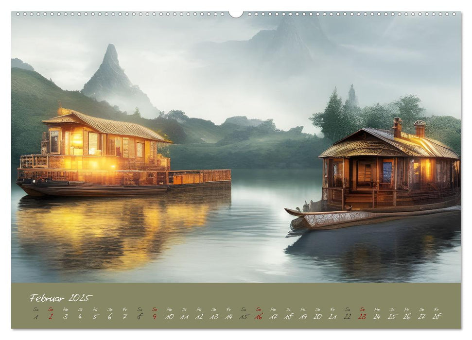 Romantische Fantasy Hausboote Magische Stimmungen in der Dämmerung (CALVENDO Premium Wandkalender 2025)