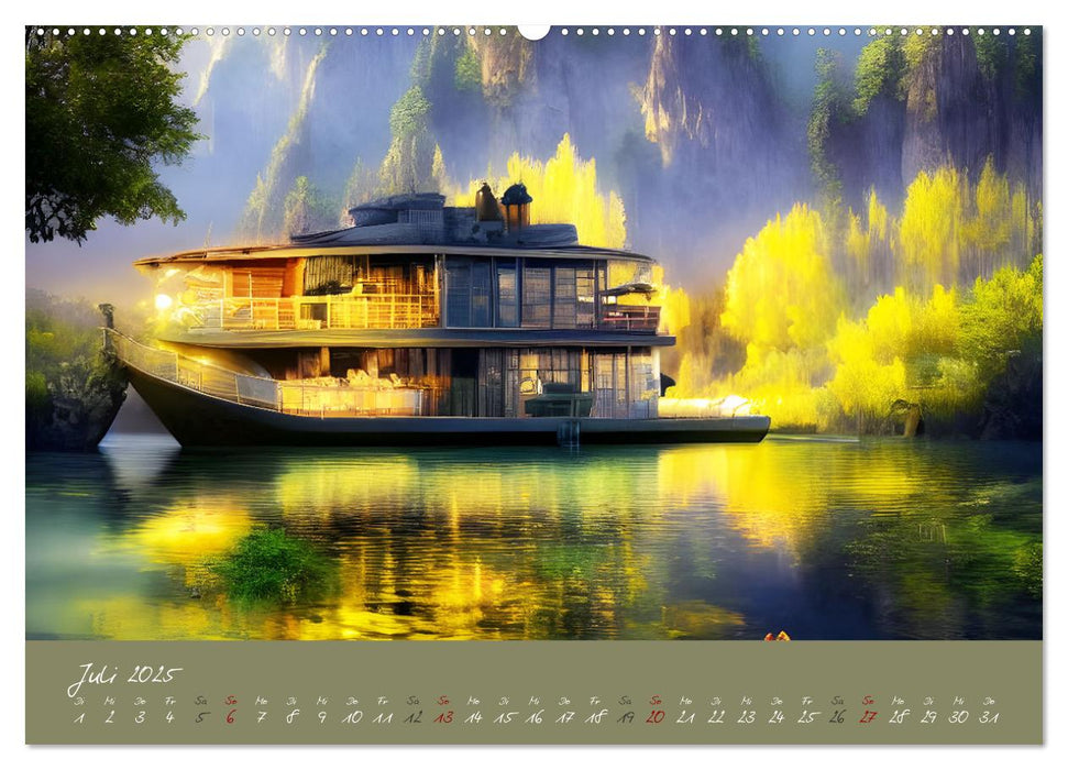 Romantische Fantasy Hausboote Magische Stimmungen in der Dämmerung (CALVENDO Premium Wandkalender 2025)