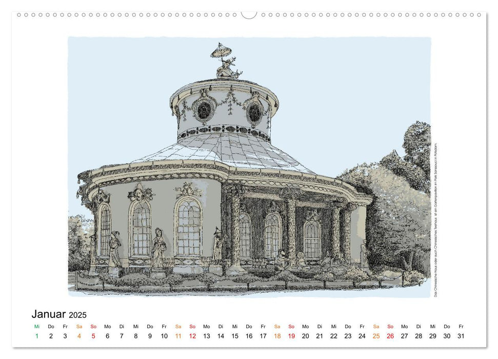 Potsdamer Sehenswürdigkeiten in Ink und Farbe (CALVENDO Wandkalender 2025)