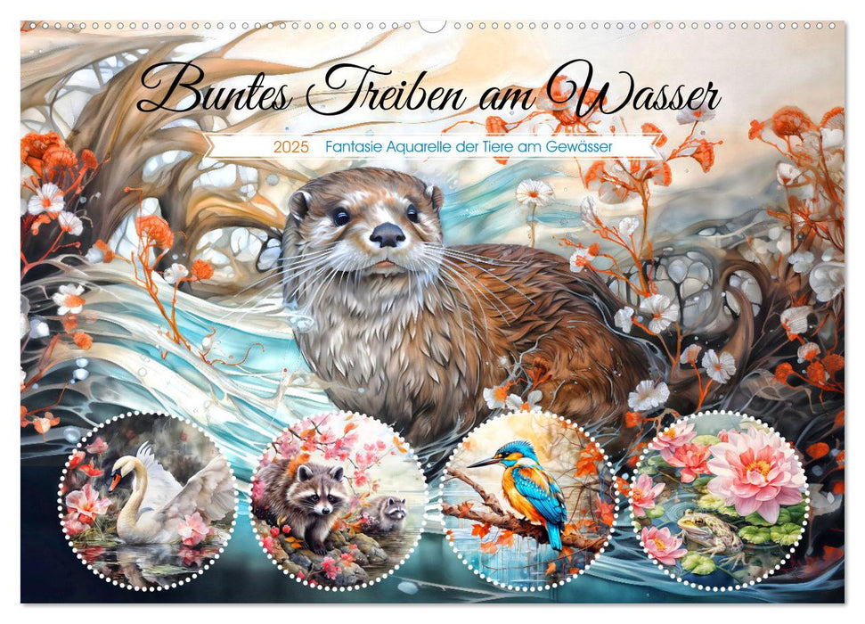 Buntes Treiben am Wasser - Fantasie Aquarelle der Tiere am Gewässer (CALVENDO Wandkalender 2025)