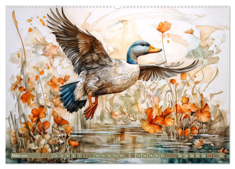 Buntes Treiben am Wasser - Fantasie Aquarelle der Tiere am Gewässer (CALVENDO Wandkalender 2025)