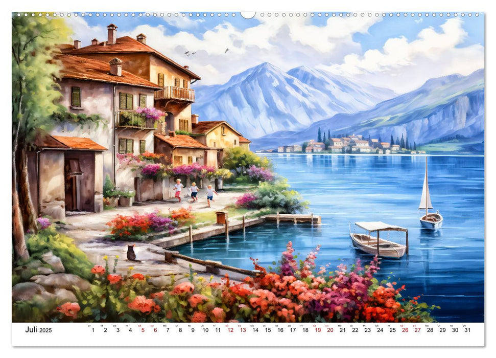 Südalpines Flair - Seen, Berge und Fantasiestädte (CALVENDO Premium Wandkalender 2025)