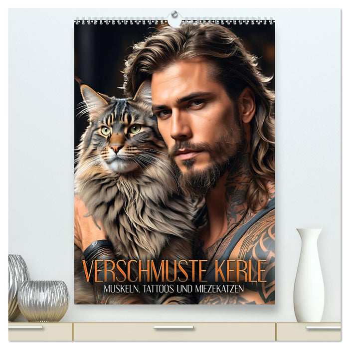 Verschmuste Kerle - Muskeln, Tattoos und Miezekatzen (CALVENDO Premium Wandkalender 2025)