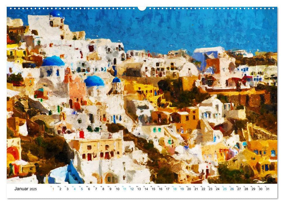 Urlaub auf Santorin - Gemalte Ansichten der Kykladeninsel (CALVENDO Premium Wandkalender 2025)