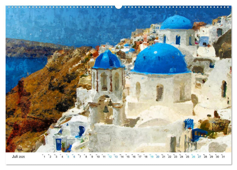 Urlaub auf Santorin - Gemalte Ansichten der Kykladeninsel (CALVENDO Premium Wandkalender 2025)