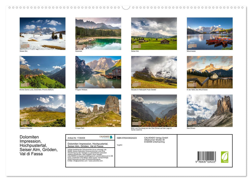 Dolomiten Impression, Hochpustertal, Seiser Alm, Gröden, Val di Fassa (CALVENDO Premium Wandkalender 2025)