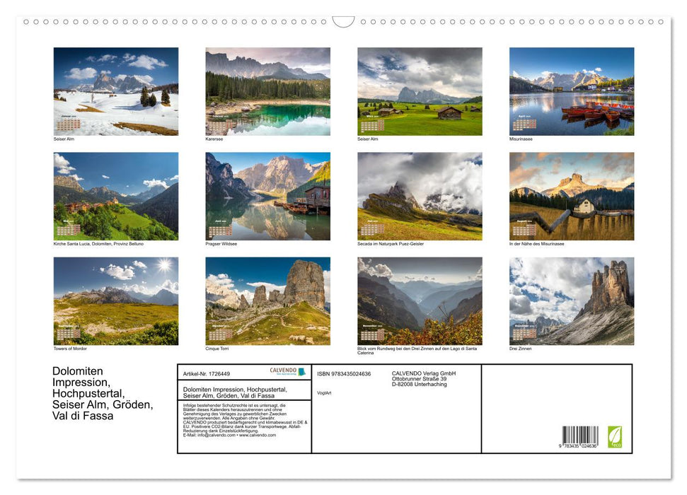 Dolomiten Impression, Hochpustertal, Seiser Alm, Gröden, Val di Fassa (CALVENDO Wandkalender 2025)