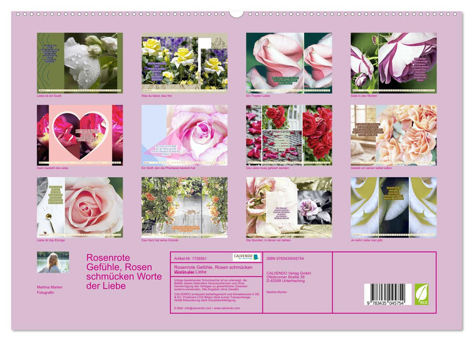 Rosenrote Gefühle, Rosen schmücken Worte der Liebe (CALVENDO Premium Wandkalender 2025)