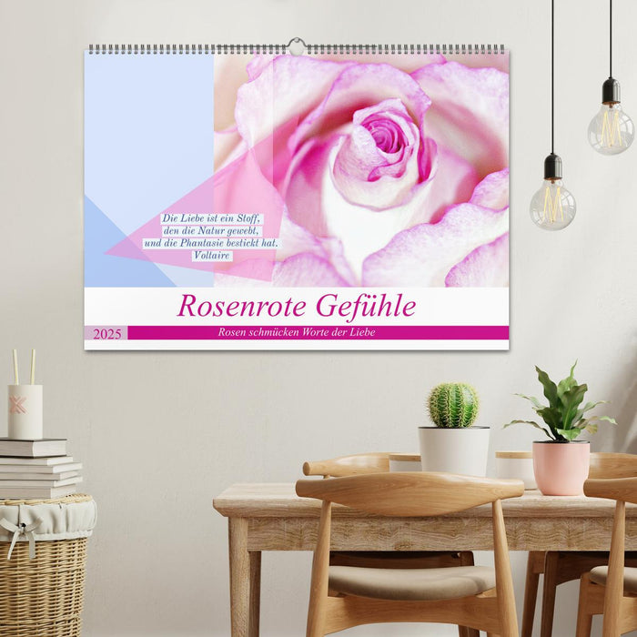 Rosenrote Gefühle, Rosen schmücken Worte der Liebe (CALVENDO Wandkalender 2025)