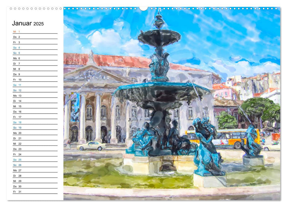 Lissabon - Stadtrundgang in Aquarell-Illustrationen (CALVENDO Wandkalender 2025)