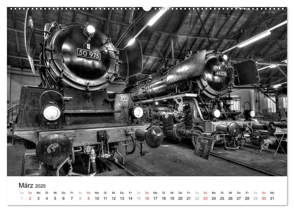 Unter Dampf - Eisenbahnromantik in schwarz-weiß (CALVENDO Premium Wandkalender 2025)