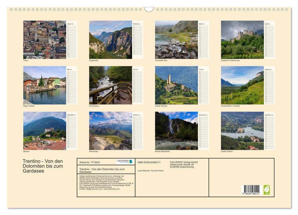 Trentino - Von den Dolomiten bis zum Gardasee (CALVENDO Wandkalender 2025)