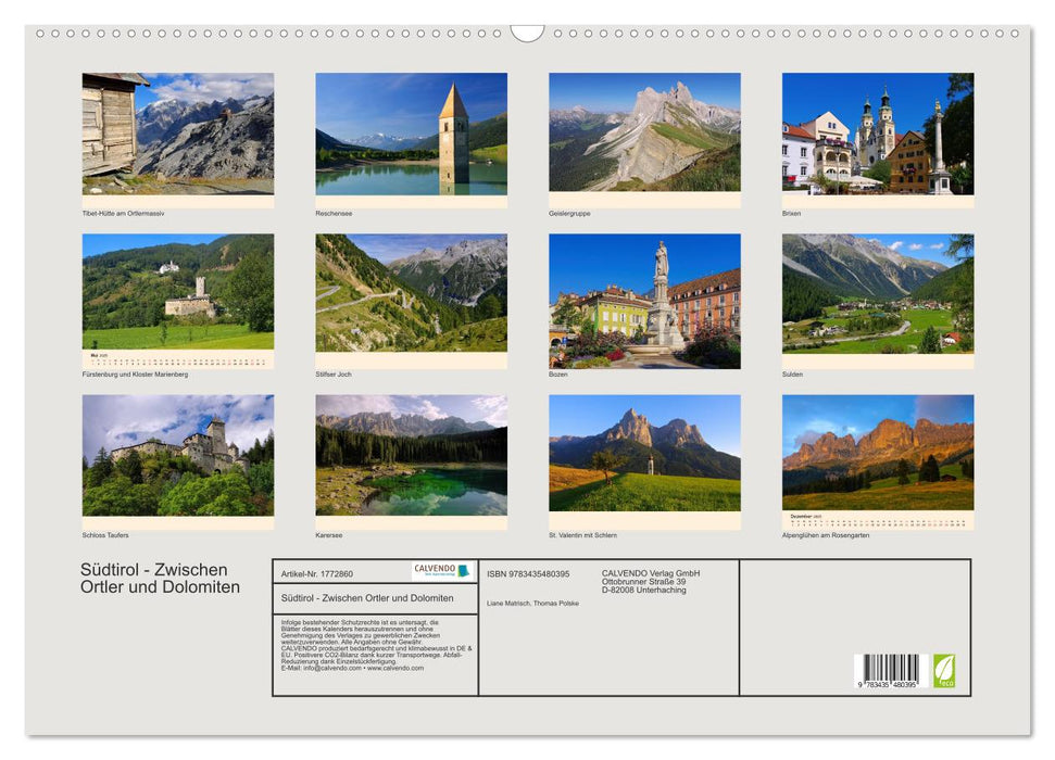 Südtirol - Zwischen Ortler und Dolomiten (CALVENDO Wandkalender 2025)