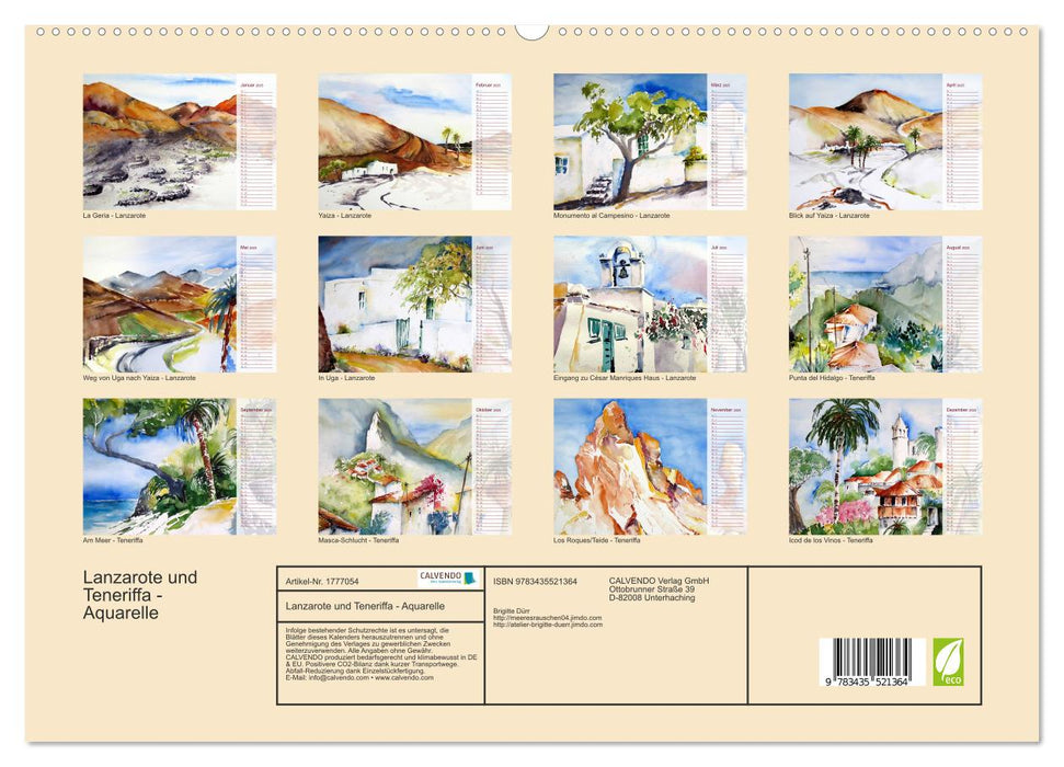 Lanzarote und Teneriffa - Aquarelle (CALVENDO Premium Wandkalender 2025)