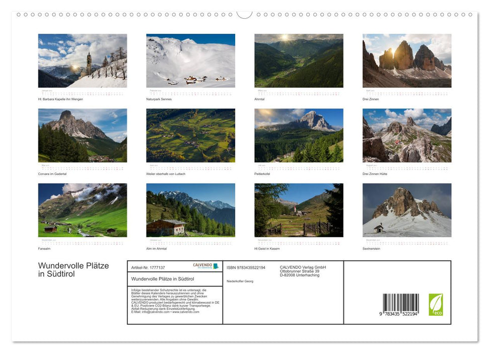 Wundervolle Plätze in Südtirol (CALVENDO Premium Wandkalender 2025)