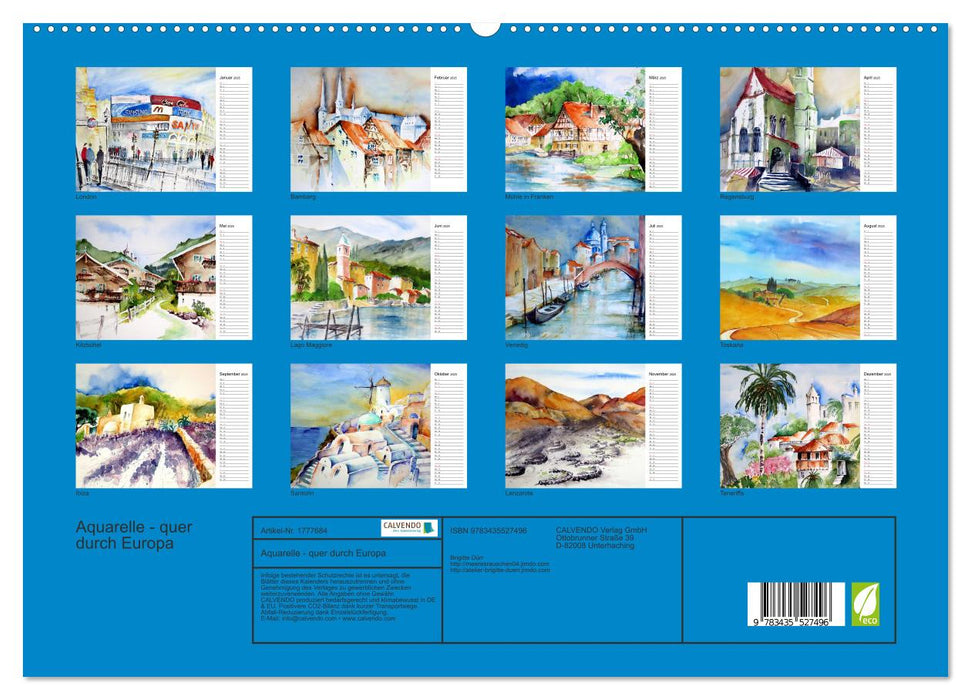 Aquarelle - quer durch Europa (CALVENDO Premium Wandkalender 2025)