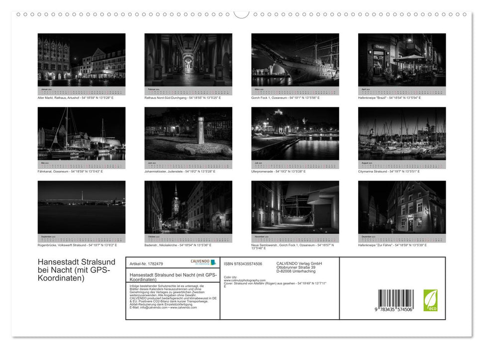 Hansestadt Stralsund bei Nacht (mit GPS-Koordinaten) (CALVENDO Premium Wandkalender 2025)