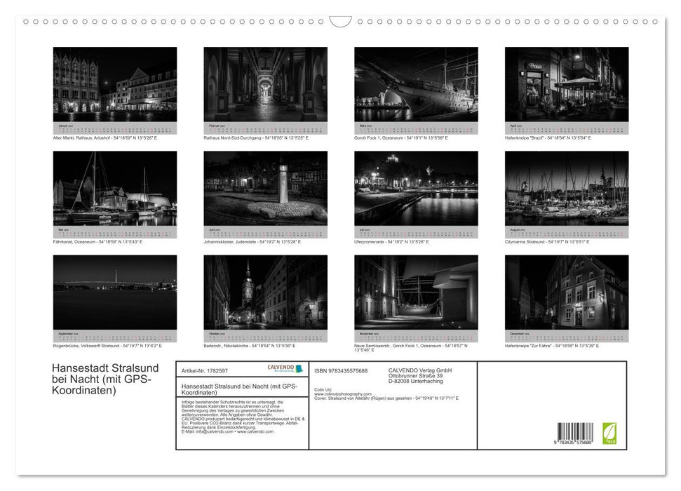 Hansestadt Stralsund bei Nacht (mit GPS-Koordinaten) (CALVENDO Wandkalender 2025)