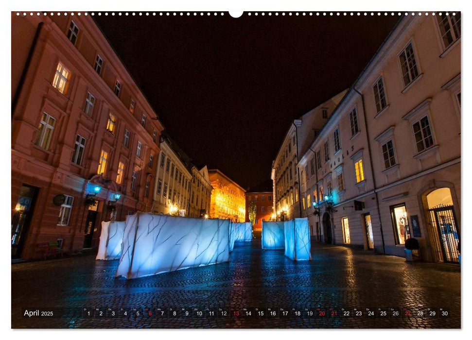 Ljubljana - Ein nächtlicher Stadtspaziergang (CALVENDO Wandkalender 2025)