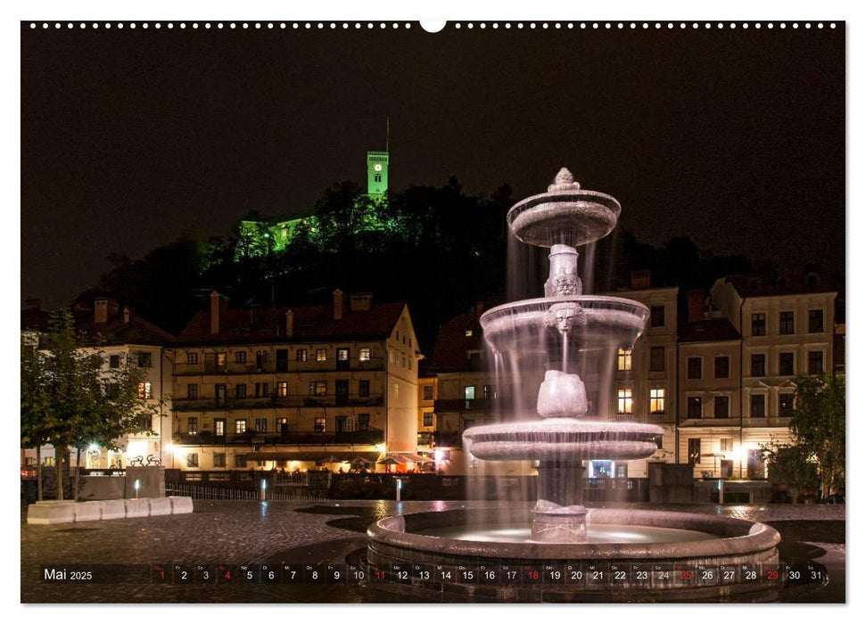 Ljubljana - Ein nächtlicher Stadtspaziergang (CALVENDO Wandkalender 2025)