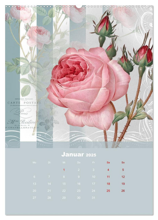 Rosencollagen mit Rosen von Pierre-Joseph Redouté (CALVENDO Premium Wandkalender 2025)