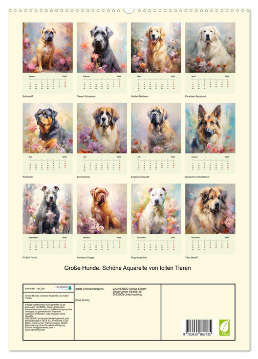 Große Hunde. Schöne Aquarelle von tollen Tieren (CALVENDO Premium Wandkalender 2025)