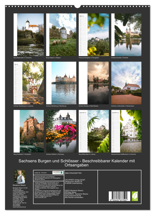 Sachsens Burgen und Schlösser - Beschreibbarer Kalender mit Ortsangaben (CALVENDO Premium Wandkalender 2025)