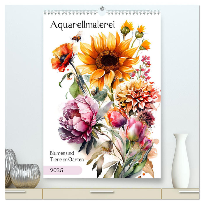 Aquarellmalerei - Blumen und Tiere im Garten (CALVENDO Premium Wandkalender 2025)