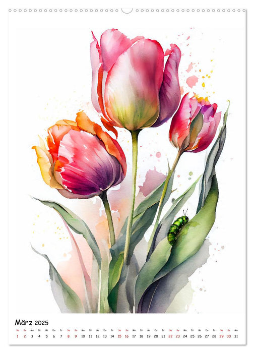 Aquarellmalerei - Blumen und Tiere im Garten (CALVENDO Premium Wandkalender 2025)