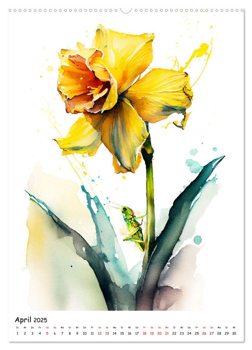 Aquarellmalerei - Blumen und Tiere im Garten (CALVENDO Premium Wandkalender 2025)