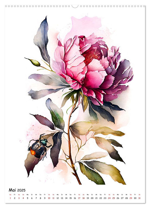 Aquarellmalerei - Blumen und Tiere im Garten (CALVENDO Premium Wandkalender 2025)