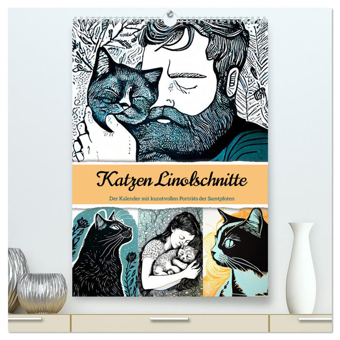 Katzen Linolschnitt - Der Kalender mit kunstvollen Porträts der Samtpfoten (CALVENDO Premium Wandkalender 2025)