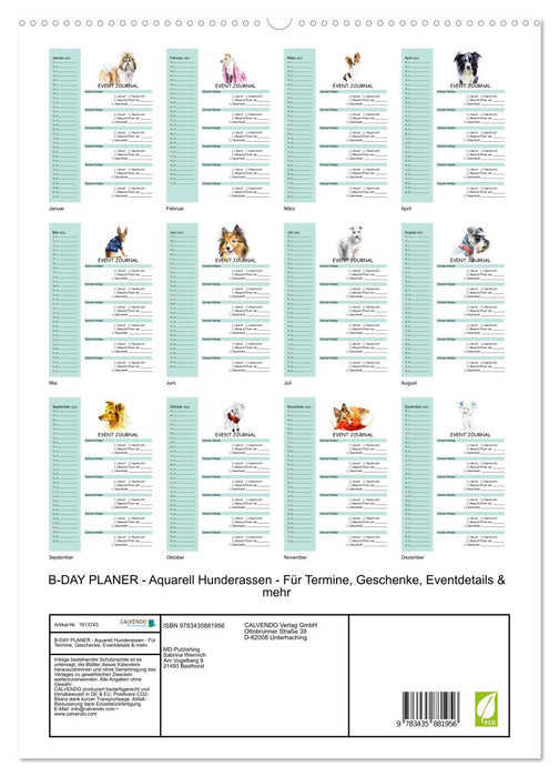 B-DAY PLANER - Aquarell Hunderassen - Für Termine, Geschenke, Eventdetails & mehr (CALVENDO Premium Wandkalender 2025)