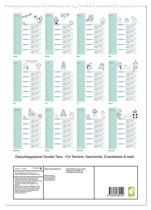 Geburtstagsplaner Doodle Tiere - Für Termine, Geschenke, Eventdetails & mehr (CALVENDO Premium Wandkalender 2025)