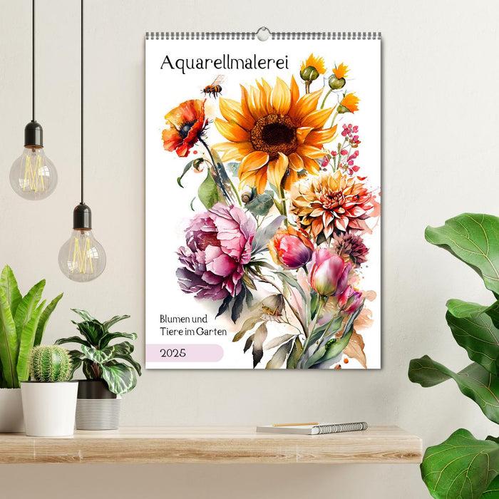 Aquarellmalerei - Blumen und Tiere im Garten (CALVENDO Wandkalender 2025)