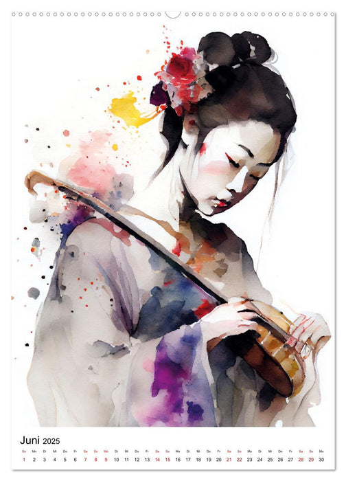 Geisha Aquarelle - Japanische Kulturdamen, Landschaft und Sakura (CALVENDO Premium Wandkalender 2025)