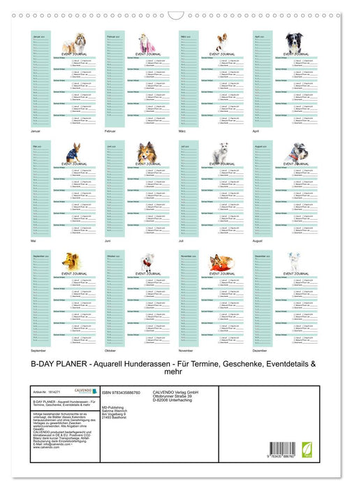 B-DAY PLANER - Aquarell Hunderassen - Für Termine, Geschenke, Eventdetails & mehr (CALVENDO Wandkalender 2025)