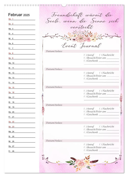 Geburtstagsplaner Boho Rosa - Für Termine, Geschenke, Eventdetails & mehr (CALVENDO Premium Wandkalender 2025)