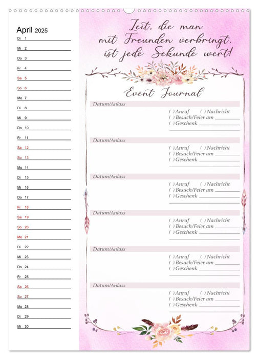 Geburtstagsplaner Boho Rosa - Für Termine, Geschenke, Eventdetails & mehr (CALVENDO Premium Wandkalender 2025)