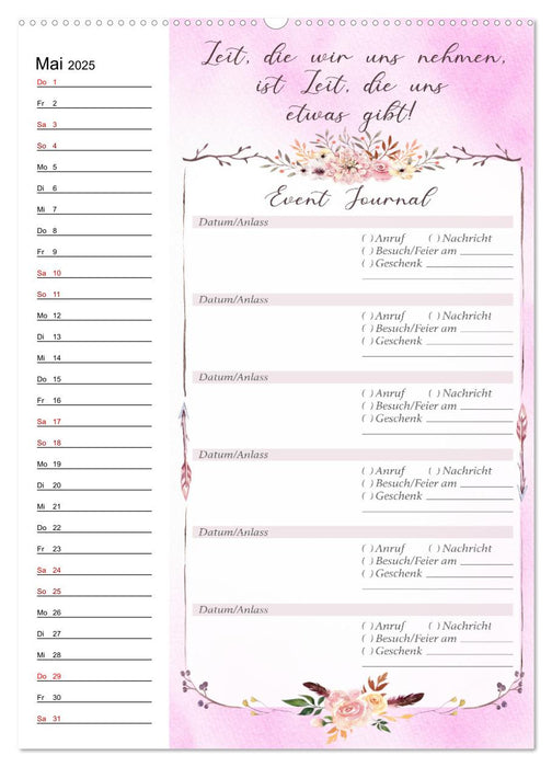 Geburtstagsplaner Boho Rosa - Für Termine, Geschenke, Eventdetails & mehr (CALVENDO Premium Wandkalender 2025)