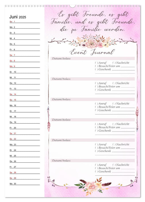 Geburtstagsplaner Boho Rosa - Für Termine, Geschenke, Eventdetails & mehr (CALVENDO Premium Wandkalender 2025)