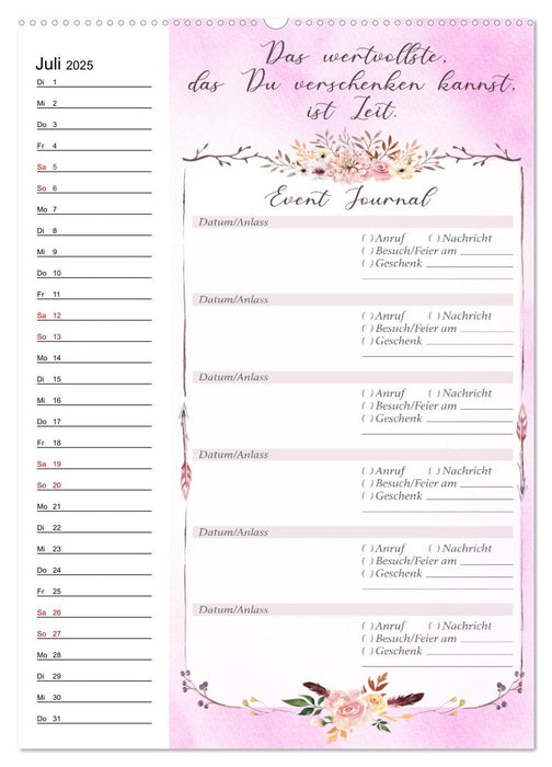 Geburtstagsplaner Boho Rosa - Für Termine, Geschenke, Eventdetails & mehr (CALVENDO Premium Wandkalender 2025)