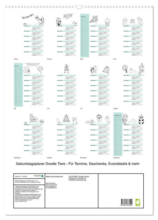 Geburtstagsplaner Doodle Tiere - Für Termine, Geschenke, Eventdetails & mehr (CALVENDO Wandkalender 2025)