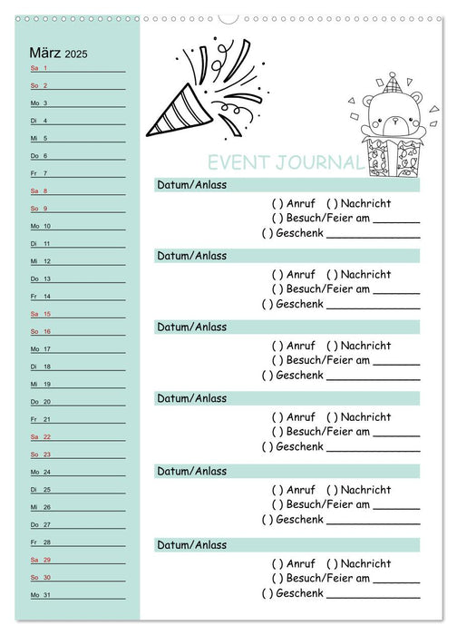 Geburtstagsplaner Doodle Tiere - Für Termine, Geschenke, Eventdetails & mehr (CALVENDO Wandkalender 2025)