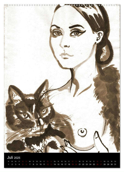 Kesse Mietzen - Burlesque cats II - mit flotten Linien gezeichnete Pin-up Katzen (CALVENDO Premium Wandkalender 2025)