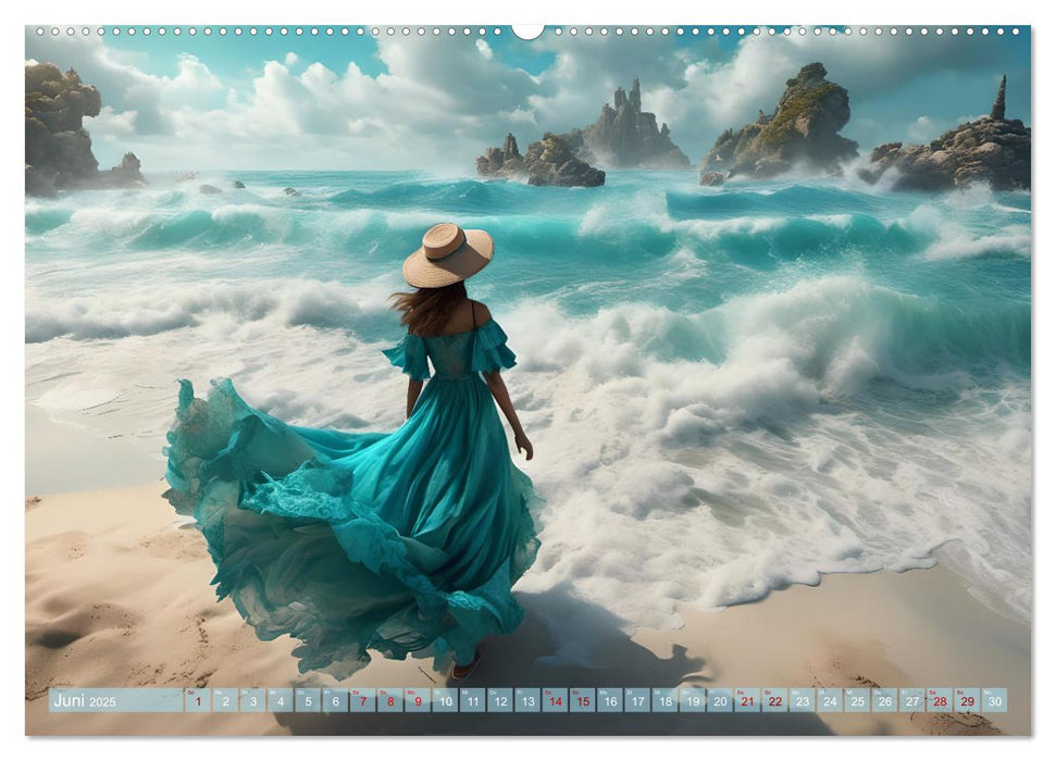 Strandzauber- Frauen in eleganten Kleidern (CALVENDO Premium Wandkalender 2025)