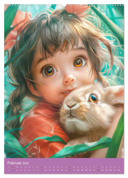 Manga Kinder - Unerschütterliche Tierliebe (CALVENDO Wandkalender 2025)