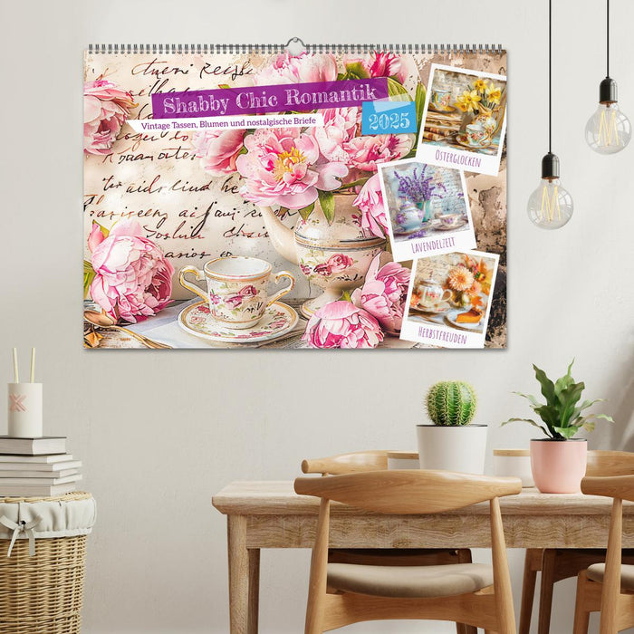 Shabby Chic Romantik - Vintage Tassen, Blumen und nostalgische Briefe (CALVENDO Wandkalender 2025)