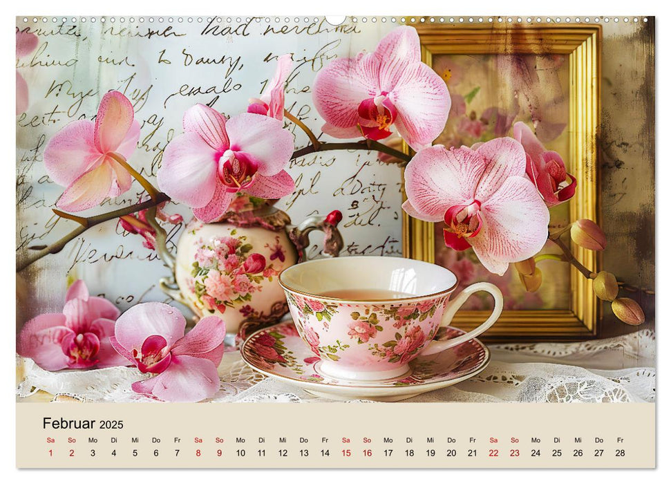 Shabby Chic Romantik - Vintage Tassen, Blumen und nostalgische Briefe (CALVENDO Wandkalender 2025)