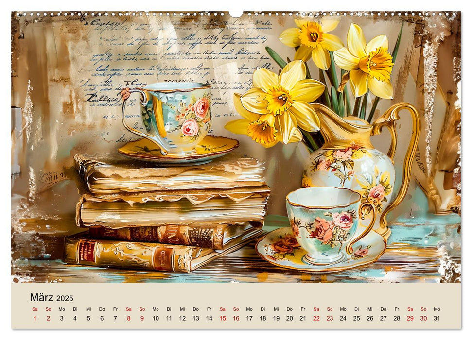 Shabby Chic Romantik - Vintage Tassen, Blumen und nostalgische Briefe (CALVENDO Wandkalender 2025)